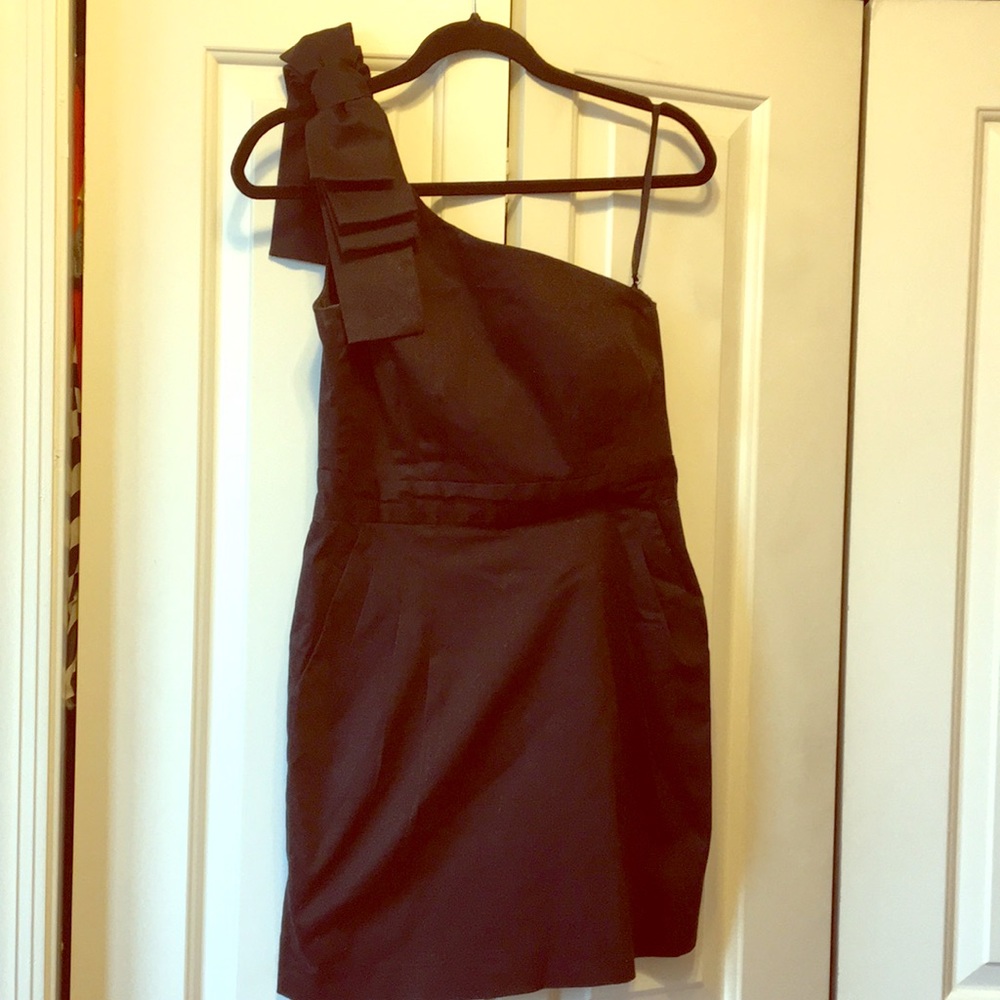 French Connection black one shoulder bow dress